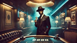 A cinematic oblong image of a cool, shady gambler in a retro yet stylish casino setting. The gambler wears a sleek vintage suit and a fedora, holding