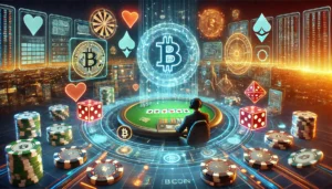 A cinematic oblong image depicting the future of gambling. The design includes futuristic elements such as a holographic casino interface, virtual rea
