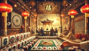 A cinematic oblong image illustrating the rich history of gambling in ancient China. The scene features traditional Chinese elements such as Mahjong t