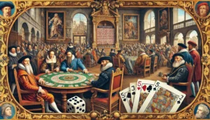 An oblong image capturing the essence of gambling during the European Renaissance. The scene features a richly adorned room with nobility gathered aro