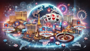 An oblong image depicting the influence of Las Vegas on the global gaming industry. The scene features iconic Las Vegas landmarks like the Strip with
