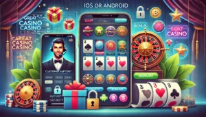 An oblong image showcasing the features of a great iOS or Android casino. The scene includes a sleek smartphone and tablet displaying vibrant casino g