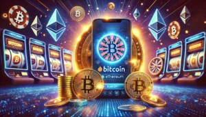 An oblong image showcasing the concept of cryptocurrency gambling. The scene features a sleek, modern digital casino interface on a smartphone, surrou