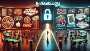 A cinematic oblong image for E-Vegas.com highlighting the risks of unregulated online casinos. The scene features a dramatic contrast between a secure