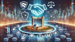 An oblong image symbolizing collaboration between online casinos and industry watchdogs and regulators without any physical interaction. The scene fea