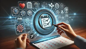 An oblong image symbolizing the importance of regularly auditing and updating online casino reviews. The scene features a modern digital workspace wit