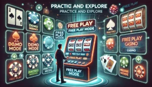 An oblong image illustrating the benefits of utilizing demo versions and free play options at online casinos. The scene shows a player interacting wit