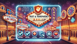 An oblong image with a vibrant Las Vegas-inspired theme, showcasing trust and transparency in online casino reviews. The scene features glowing casino
