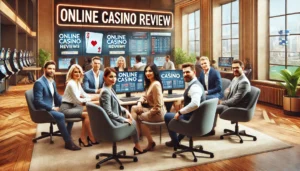 A professional and welcoming team of online casino review experts sitting in a modern office environment. They are diverse in gender and ethnicity, we