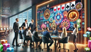 A visually appealing image representing collaboration in the online casino industry. The image shows a professional meeting between online casino repr
