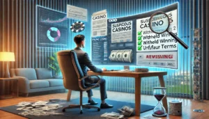 A compelling image depicting a concerned online casino player sitting at their computer, analyzing and documenting evidence of unethical practices. Th