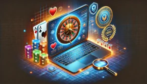A visually striking oblong image of an online casino concept. The image features a sleek laptop displaying a vibrant online casino interface with a ro