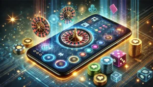A visually striking oblong image representing mobile optimization for casino platforms. The image features a sleek smartphone displaying a vibrant cas