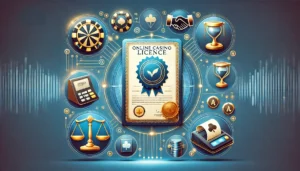 An oblong image representing the importance of online casino licenses. The image features a certificate with a seal of approval prominently displayed,