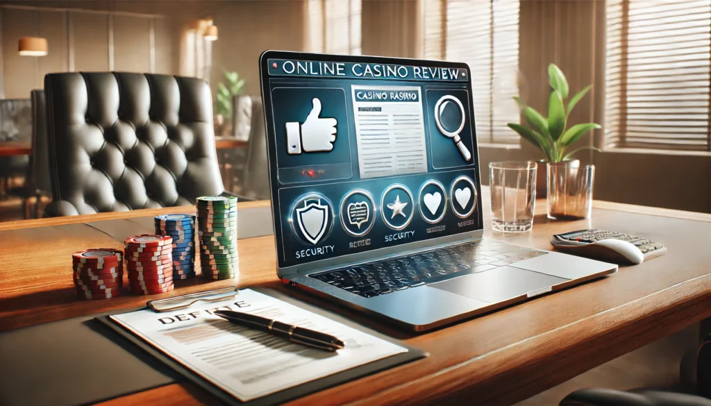 A professional scene featuring a laptop on a sleek wooden desk displaying an online casino review website interface. Surrounding the laptop are elemen