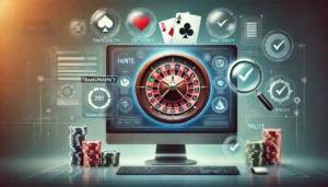 A visually engaging image of a digital roulette wheel and poker cards on a sleek computer screen, symbolizing fairness in online casinos. Surrounding