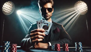 A cinematic image of a cool, shady man in a dimly lit poker room holding three playing cards in his hand (visible_ Ace of Spades, King of Hearts, Quee