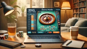 A visually engaging image of a beginner playing an RNG table game in demo mode on a sleek laptop screen. The scene shows a relaxed player seated at a