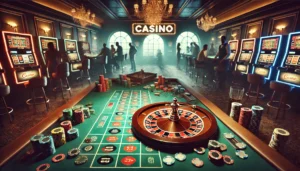 A visually compelling image of a casino setting with subtle signs of an untrustworthy environment. The scene features dim lighting, an unkempt roulett
