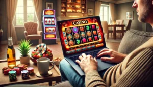 An engaging image of a person sitting in a cozy home setting, playing online casino games on a laptop. The screen displays vibrant slot machines and r
