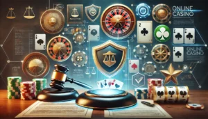 A professional and polished image showcasing the concept of regulation in the online casino industry. The scene features a digital casino screen displ