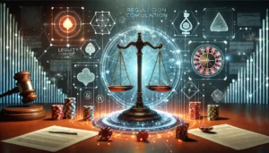 A professional image depicting the concept of regulation fostering ethical competition among online platforms. The scene features a balance scale symb