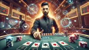 A high-quality, visually engaging image depicting a live blackjack table with a professional dealer in a sleek casino setting. The scene showcases a c