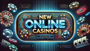 A sleek and modern oblong image featuring the words 'New Online Casinos' prominently displayed in bold, glowing text. The design includes a vibrant, f