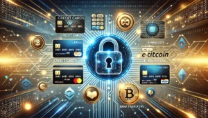 An oblong image showcasing multiple payment methods for online casinos, emphasizing trust and security. The design features a glowing secure padlock a