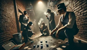 A dramatic and atmospheric scene of shady, cool gangsters shooting dice in a dimly lit alley. The gangsters wear classic 1920s-style attire with fedor