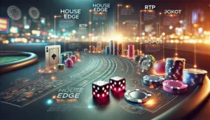 A dynamic and educational depiction of casino elements, featuring close-up views of chips, dice, and playing cards arranged on a sleek table surface.