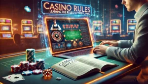 A sleek and modern depiction of online gambling, showing a person at a laptop with a casino game interface on the screen. The table features chips, ca