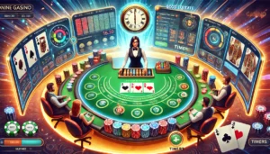 An engaging depiction of an online gaming environment, featuring a live casino game with a professional dealer and players interacting around a virtua