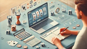 A modern and calming scene depicting responsible online gambling. A person is sitting at a desk with a laptop displaying an online casino interface, w