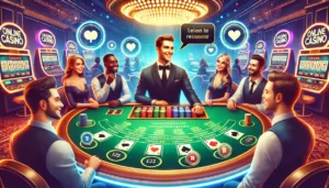 A vibrant and engaging online casino scene depicting good etiquette and respect. The image features a virtual blackjack table with a professional deal