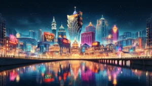 A breathtaking and vibrant depiction of Macau’s skyline at night, featuring iconic landmarks like the Venetian Macao and Wynn Macau, illuminated by da