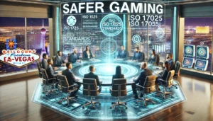 A high-tech boardroom scene featuring diverse business professionals from E-Vegas.com engaged in a safer gaming meeting. They are discussing ISO 17025