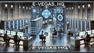 An oblong image showcasing a high-tech testing facility at E-Vegas.com HQ. The scene features advanced computer systems, servers, and testing equipmen