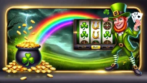 A full-screen oblong image with an Irish theme designed for an adult audience, featuring slot game elements. The image includes a dramatic and vibrant