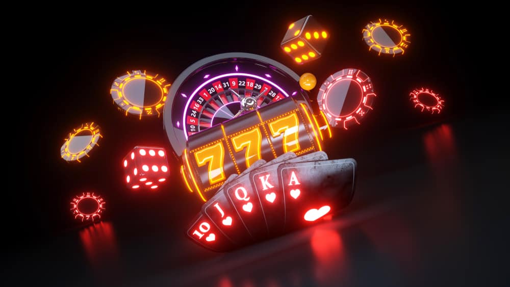 Online,Casino,Gambling,Concept,With,Neon,Lights,-,3d,Illustration