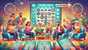 A lively scene of people playing online bingo from the comfort of their homes, showcasing a variety of devices like laptops, tablets, and smartphones