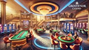 A vibrant and modern illustration of a Grosvenor Casino in the UK, featuring a luxurious casino floor with roulette tables, slot machines, and a livel