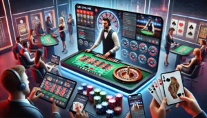 A detailed and visually engaging illustration of a UK online live casino setup. The scene features a professional live dealer interacting with players