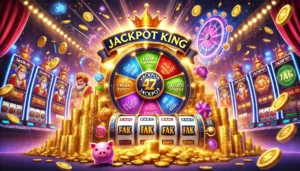 An oblong image depicting a vibrant and exciting online casino theme focused on Jackpot King Slots. The scene features a glowing progressive jackpot w