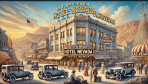 An artistic and detailed depiction of the first-ever casino in Las Vegas, The Hotel Nevada, set in the early 20th century. The image features a modest
