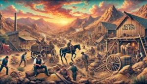 A historical depiction of the Nevada Gold Rush in the mid-19th century, featuring miners working in the desert landscape with gold mining tools and eq