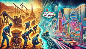 A vibrant artistic depiction of the connection between the Nevada Gold Rush and the rise of Las Vegas, featuring a blend of historical and modern elem