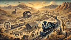 An artistic depiction of the early development of Las Vegas influenced by the railroad and Helen J. Stewart's land sale. The image shows a historical