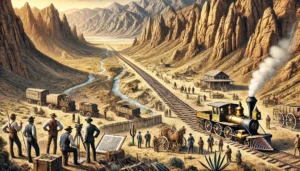 A detailed and artistic depiction of the Nevada desert in the 1800s, featuring rugged mountains, canyons, and early construction of a railroad line cu