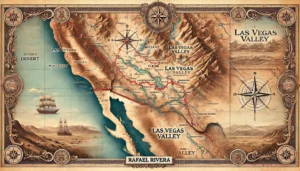 An image showcasing Rafael Rivera’s exploration of the American Southwest, particularly his discovery of the Las Vegas Valley in 1829. The image shoul